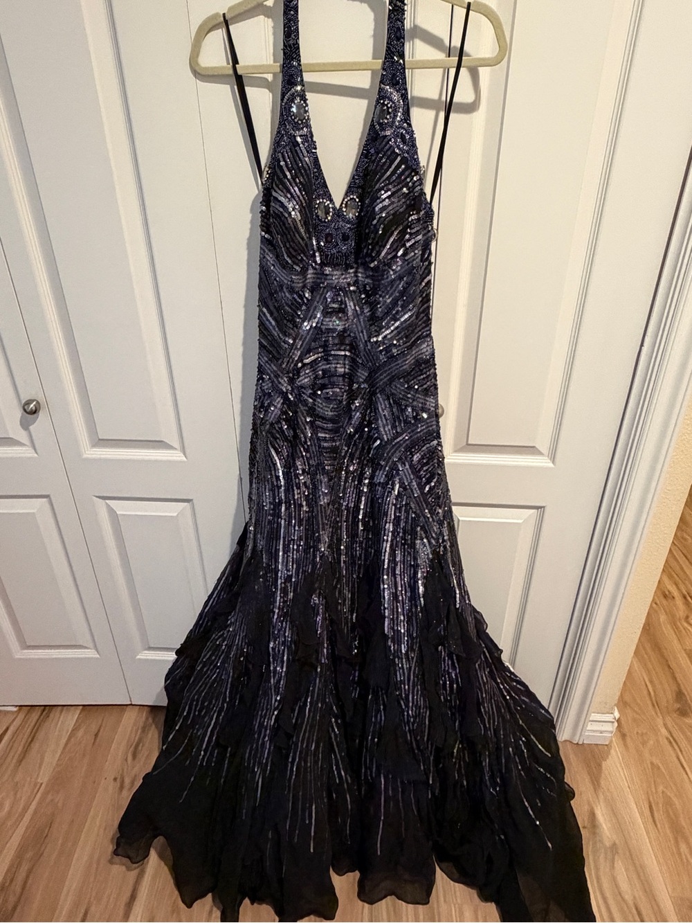 Terani Couture Black Sequin Halter V-Neck Evening Gown